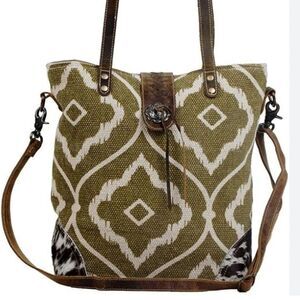 MYRA BAG Aesthetics Green and Cream Patterned Tote Bag